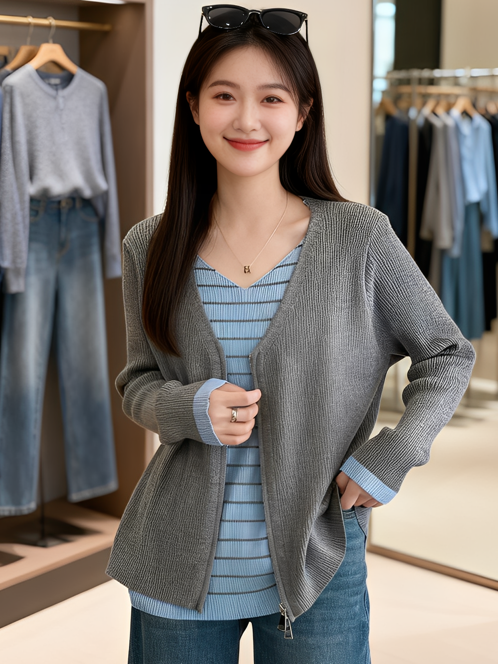 大码女装 胸104-122 拉链开衫假两件针织衫2503#