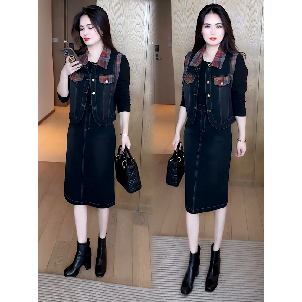 高级感套装裙女2025秋季新款洋气质减龄连衣裙红格拼接马甲两件套