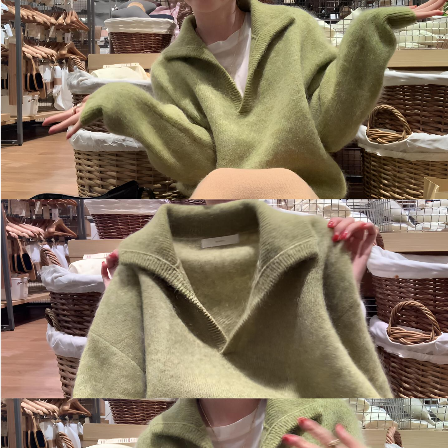 欧货老钱风绿色v领马海毛毛衣女秋冬慵懒高级感加厚翻领针织上衣