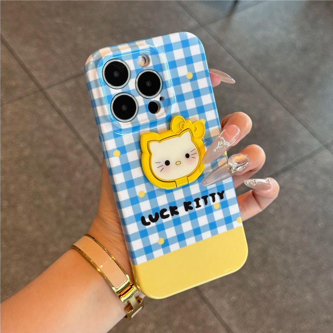 适用iPhone16/17promax简约蓝格纹kitty壳小米17/华为/OPPO/VIVO