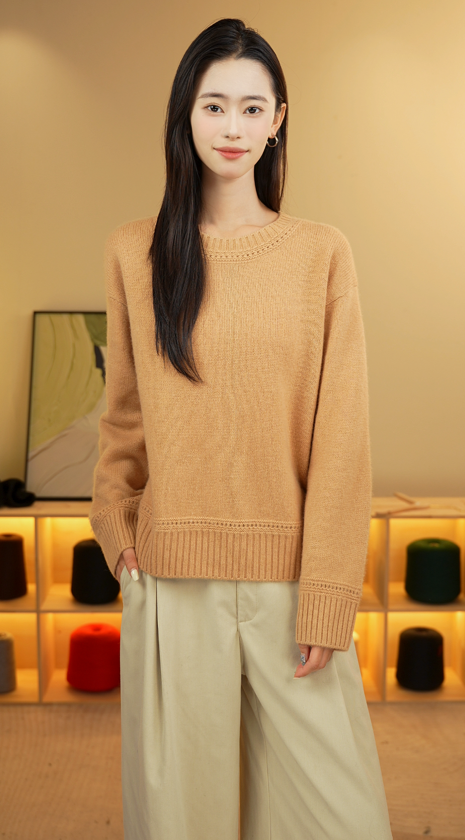 LP同款秋冬加厚款重工镂空女士圆领100%纯山羊绒衫宽松休闲毛衣