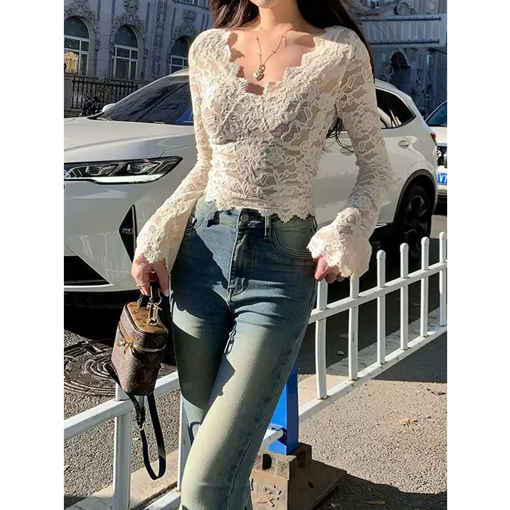 高级感v领蕾丝拼接长袖 打底衫女秋冬新款韩系纯欲性感花边上衣