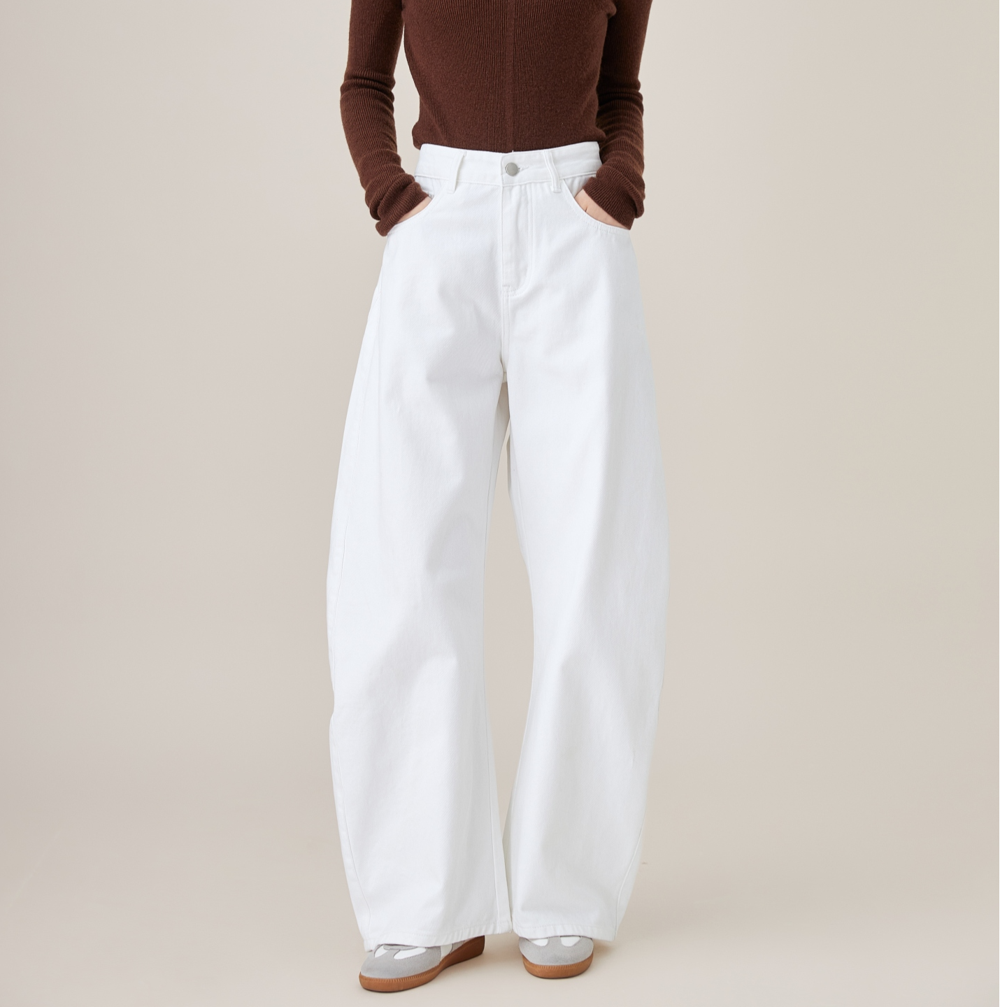 KKKVIBE美式白色百搭立体剪裁弯刀阔腿牛仔裤女宽松直筒休闲裤子