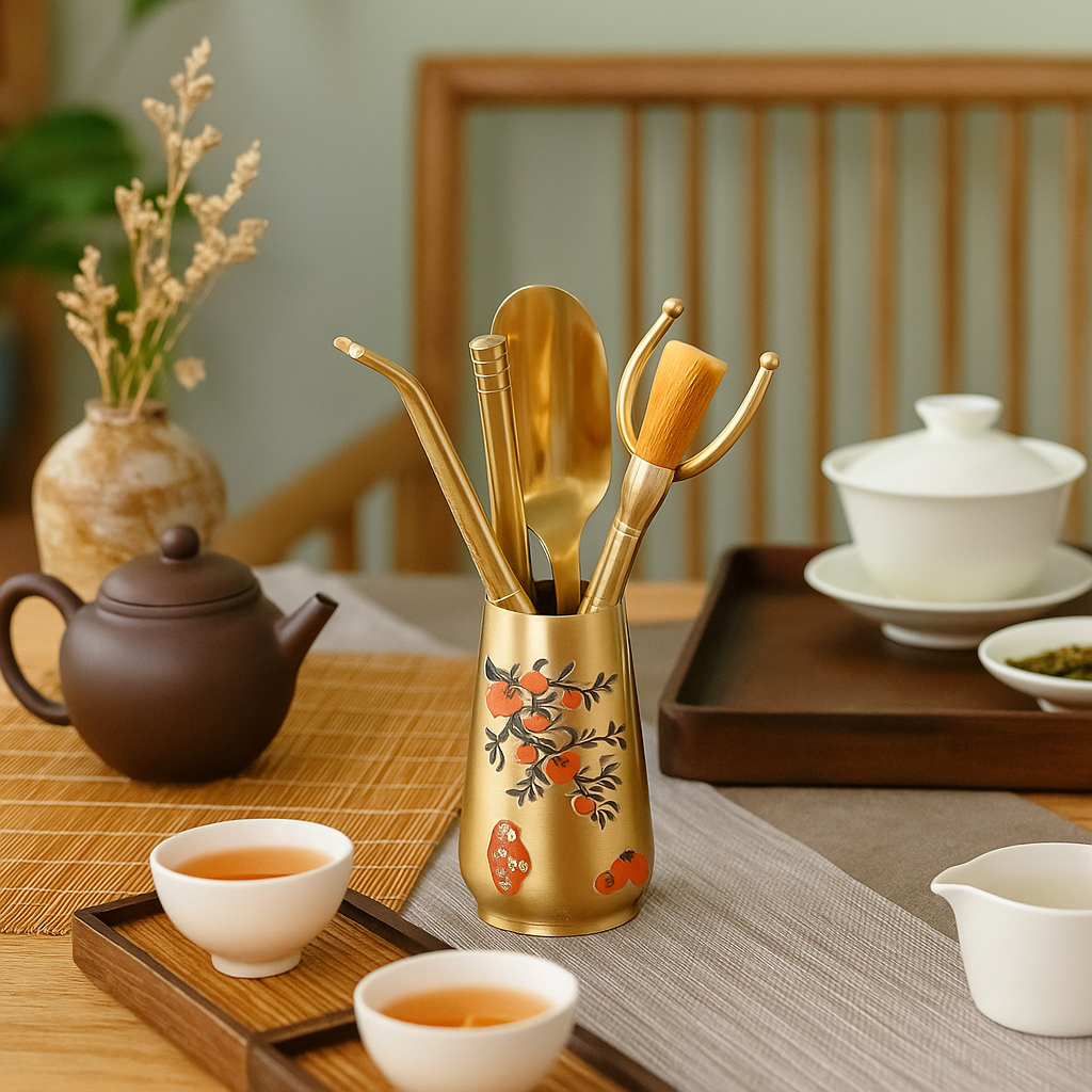 黄铜茶道六君子功夫茶具配件茶夹茶刀茶洗镊柿柿茶道6君子套装