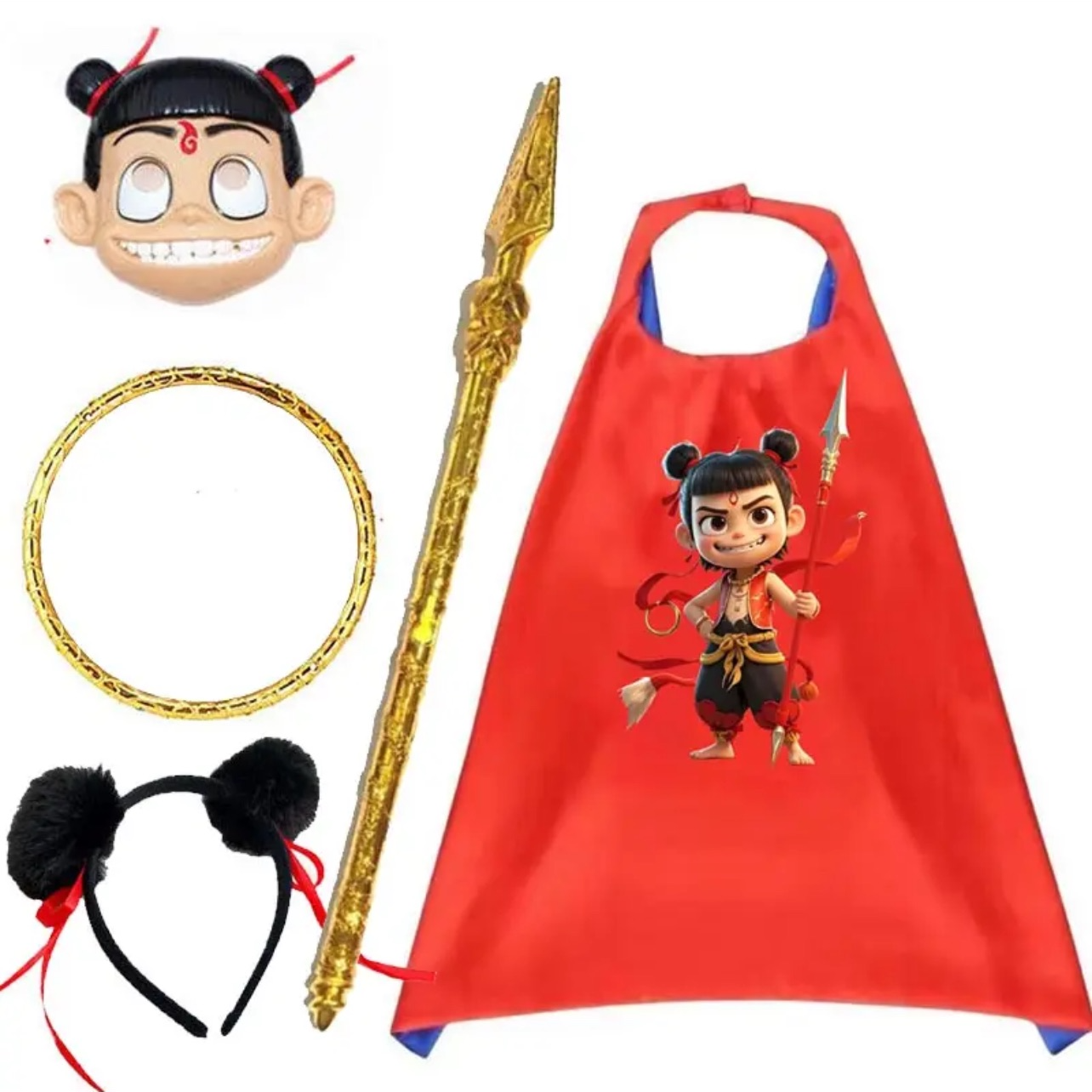 哪吒火尖枪儿童乾坤圈玩具演出表演道具披风发箍面具火尖枪玩具