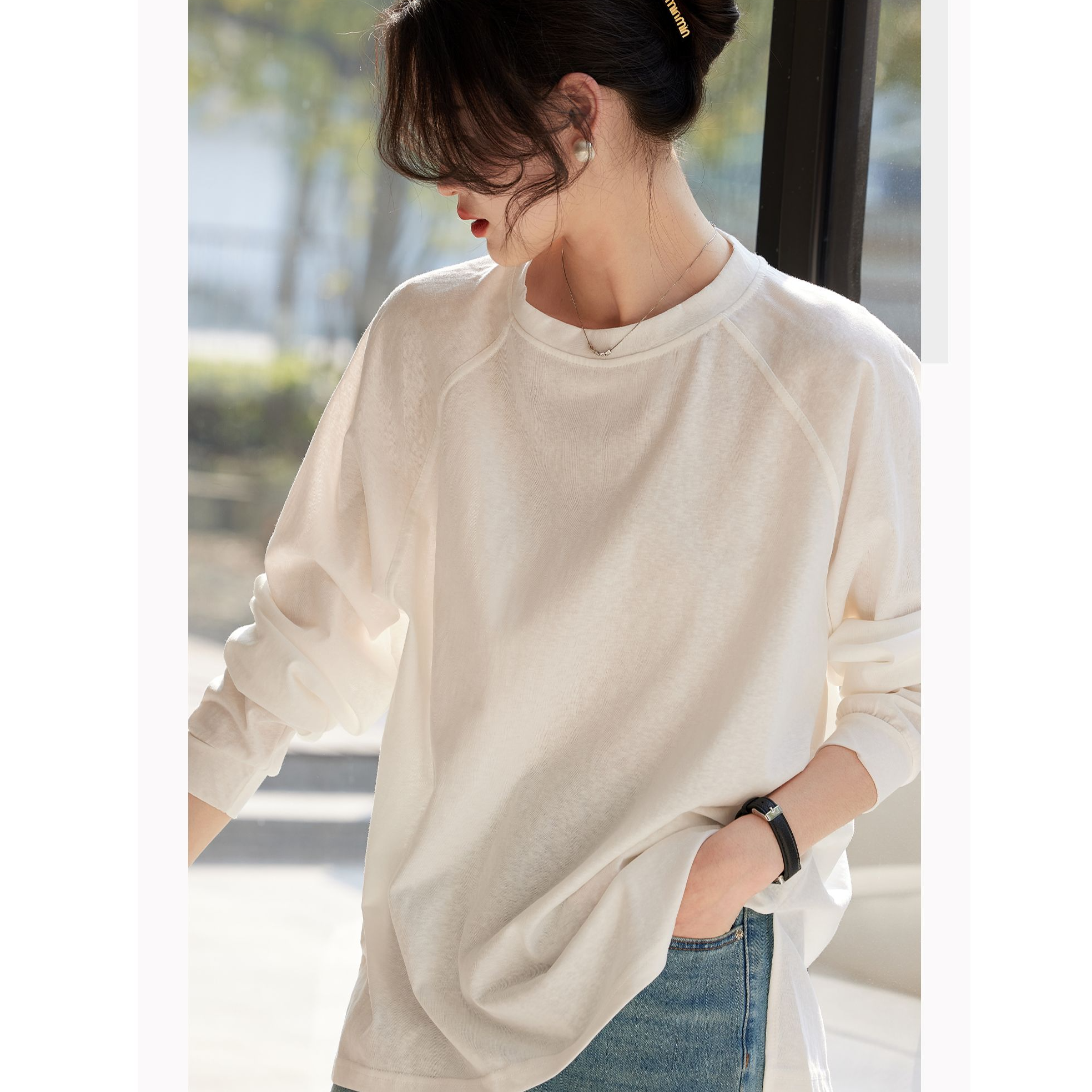 雪花棉白色圆领插肩袖慵懒风长袖T恤打底衫女开春百搭显瘦新款