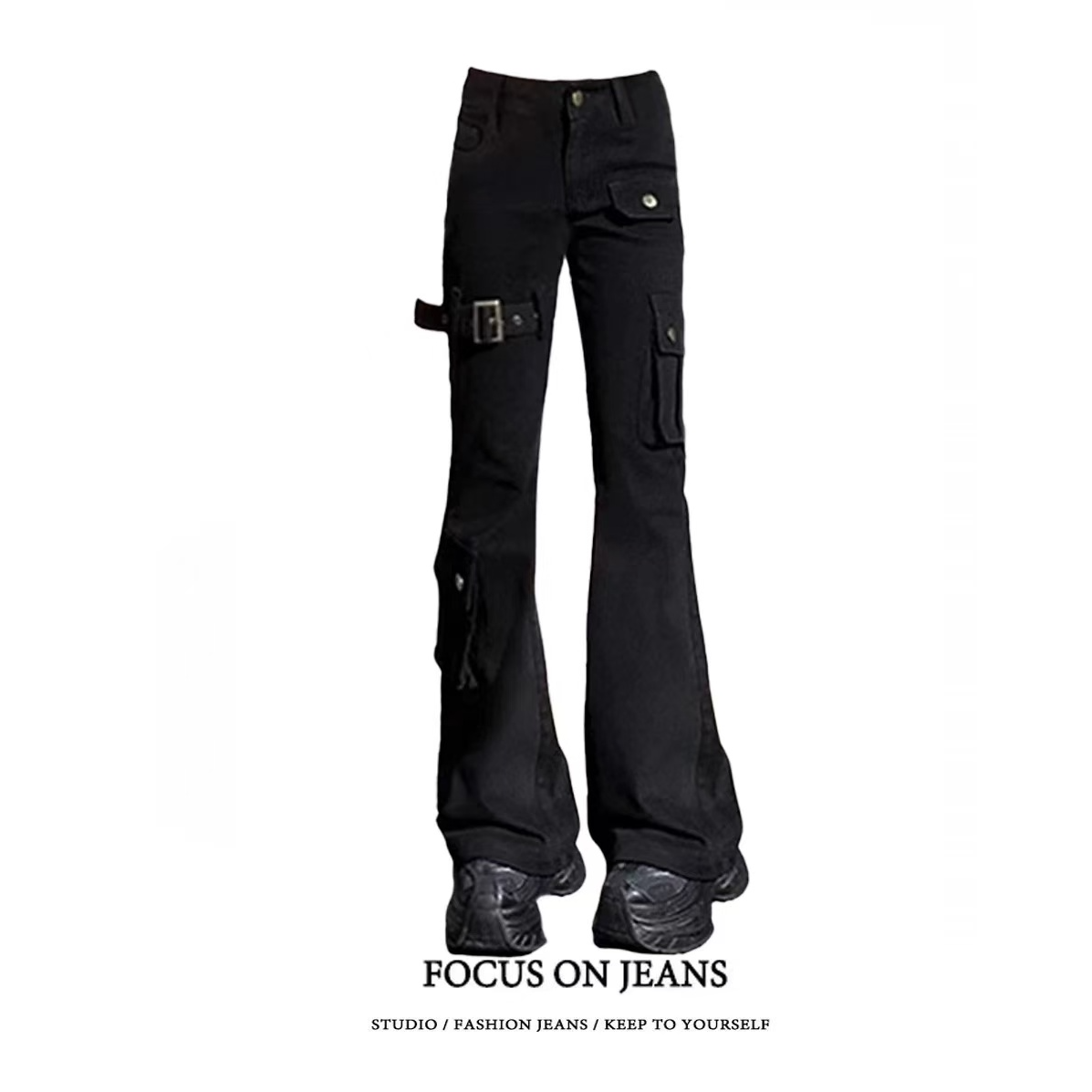 黑色重工微喇叭工装牛仔裤女2025春秋小个子显高显瘦低腰马蹄裤子