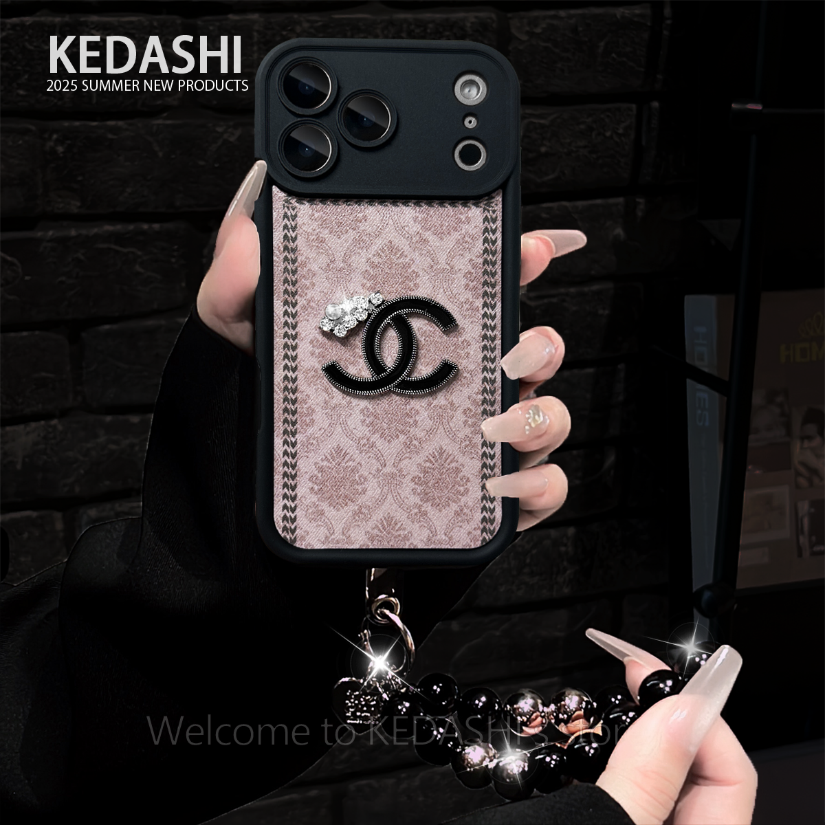 布艺方格双C天眼羊皮适用苹果17PROMAX华为VIVO/OPPO手链手机壳女