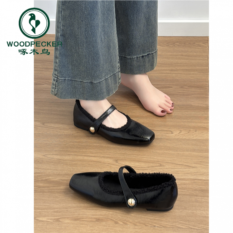 啄木鸟软皮复古玛丽珍鞋女秋冬季加绒保暖毛毛棉鞋平底晚晚单鞋