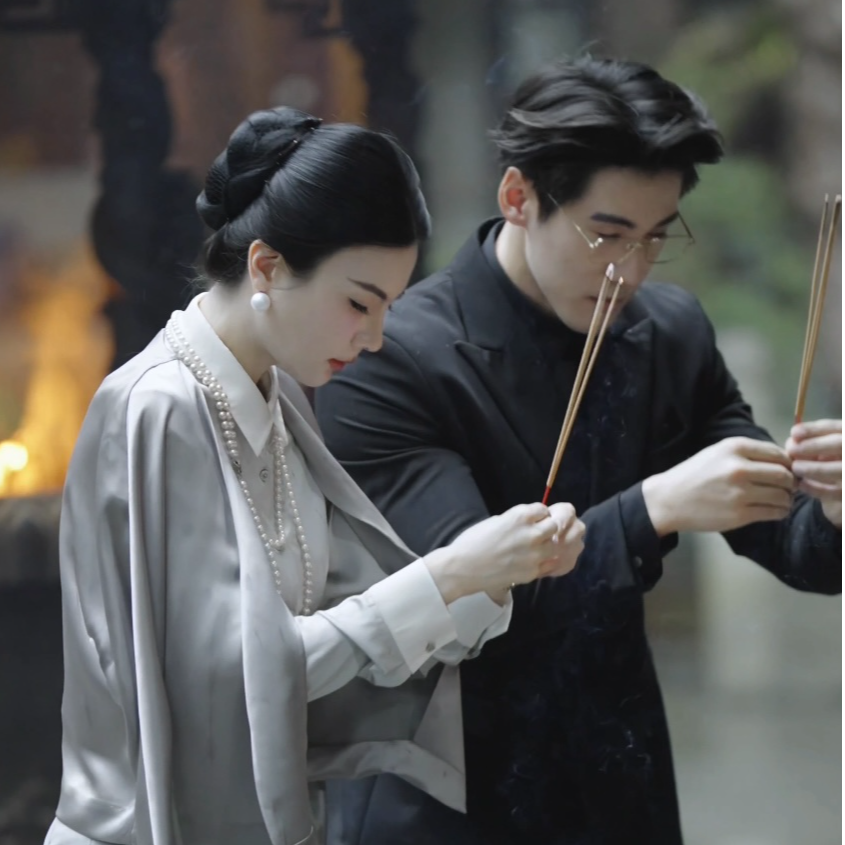 魏元高定/银灰色醋酸国风秋季新中式无领开衫外套-1030