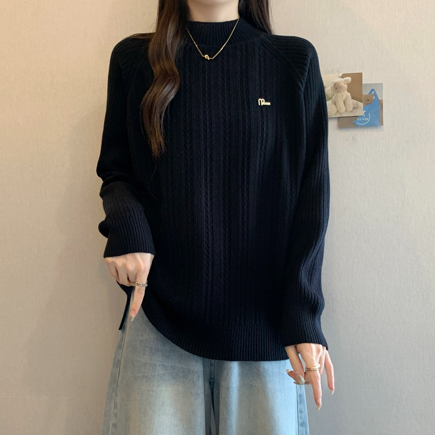 大码遮肚子半高领加厚打底毛衣女秋冬胖MM宽松显瘦百搭开叉针织衫
