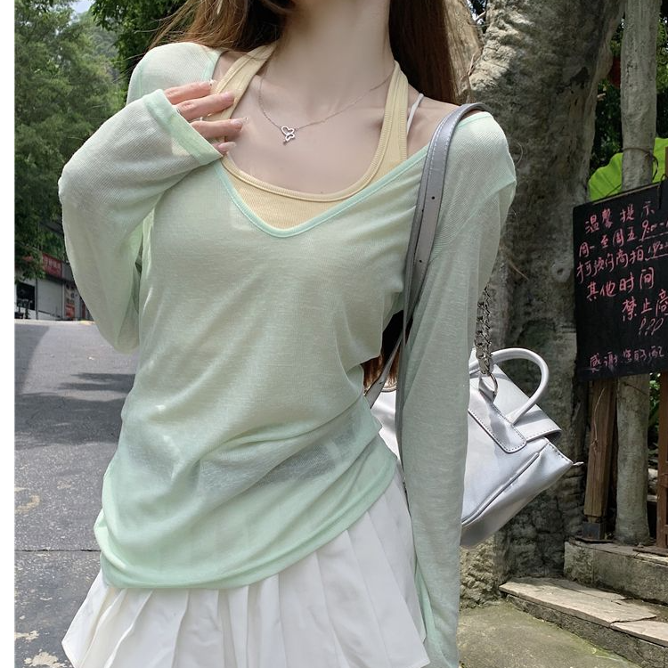 辣妹薄荷绿chic挂脖上衣女夏季新款设计感小众长袖打底衫内搭早春