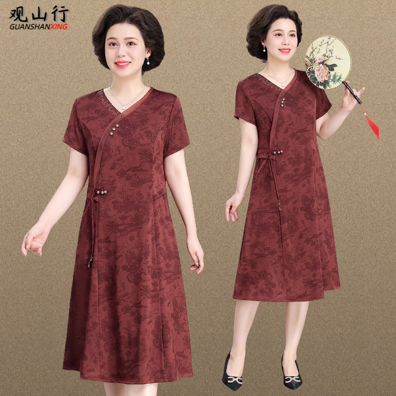 国风妈妈夏装短袖连衣裙2025新款洋气显瘦中老年人女装中长款裙子