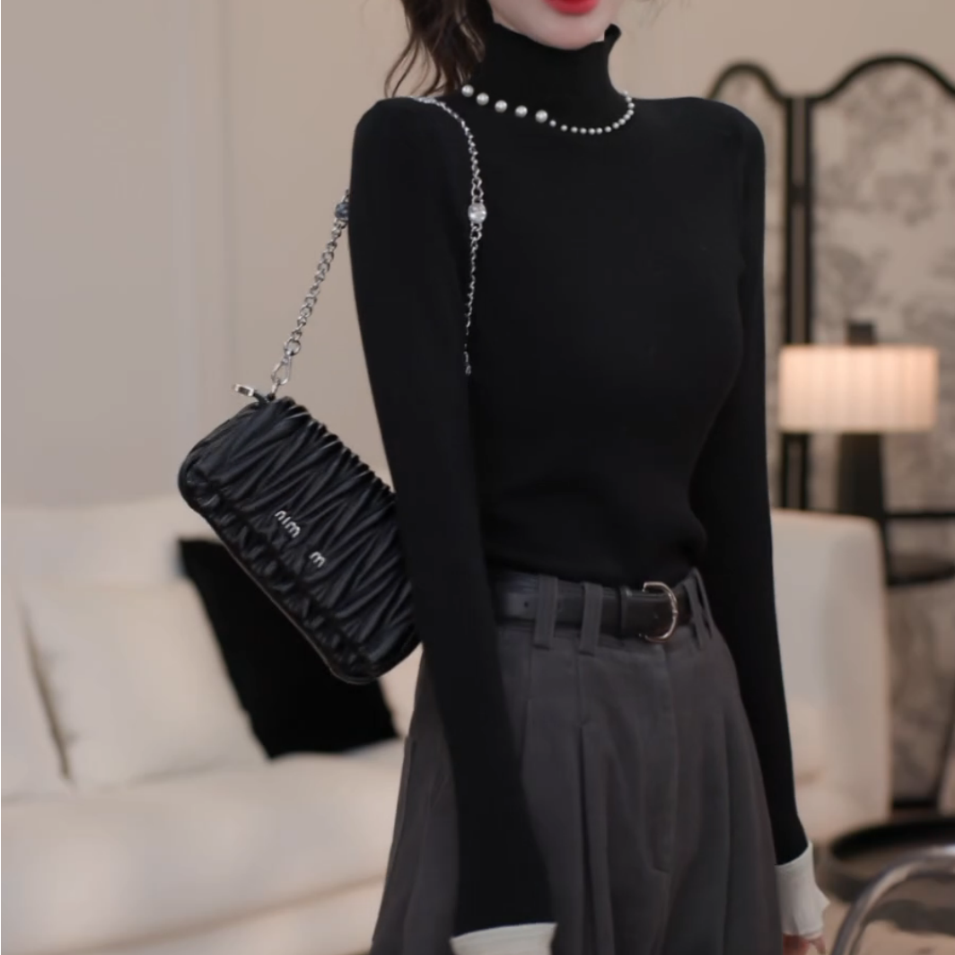 秋冬新款韩版设计感气质显瘦百搭纯色修身T恤LK2500347