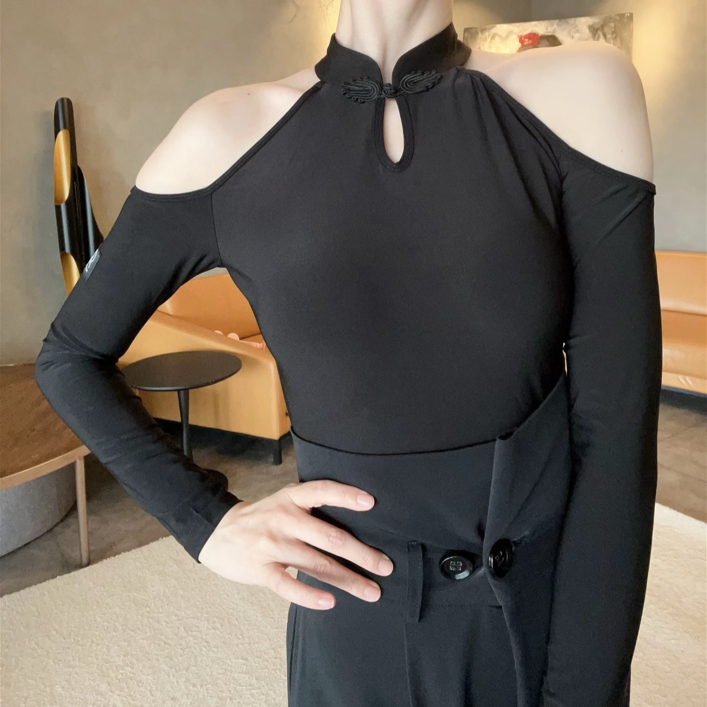 GR1147立领长袖新中式镂空露肩连体上衣摩登舞国标舞