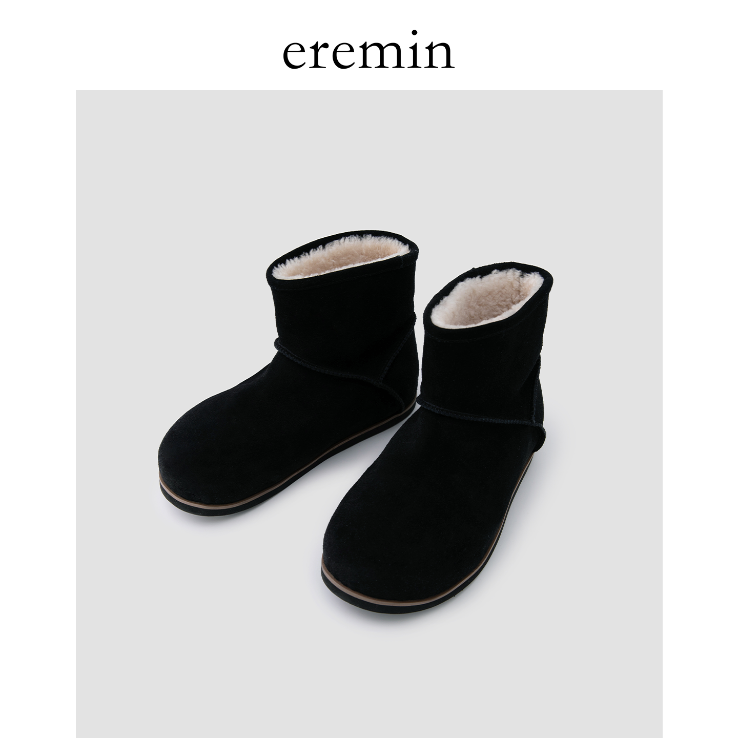 Min 高丝光牛反绒圆头加绒厚款羊毛中筒雪地靴