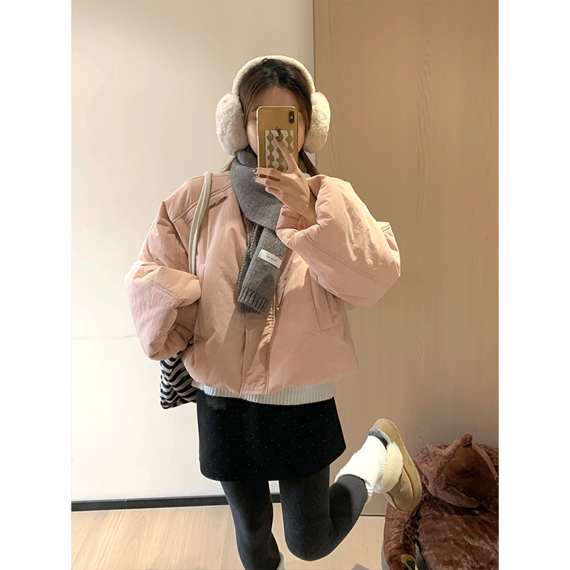 韩系少女甜美粉色短款棉服外套女秋冬季新款加厚保暖减龄百搭棉衣
