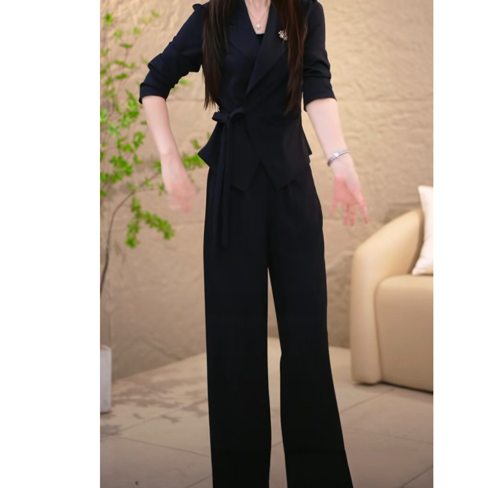 艾薇娜女装秋季新款气质优雅设计感轻奢显瘦上衣+裤子两件套套装