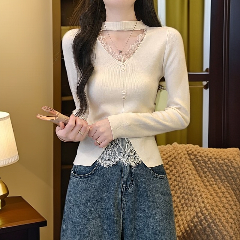 蕾丝拼接挂脖针织打底衫女秋季新款气质显瘦时尚百搭洋气针织长袖