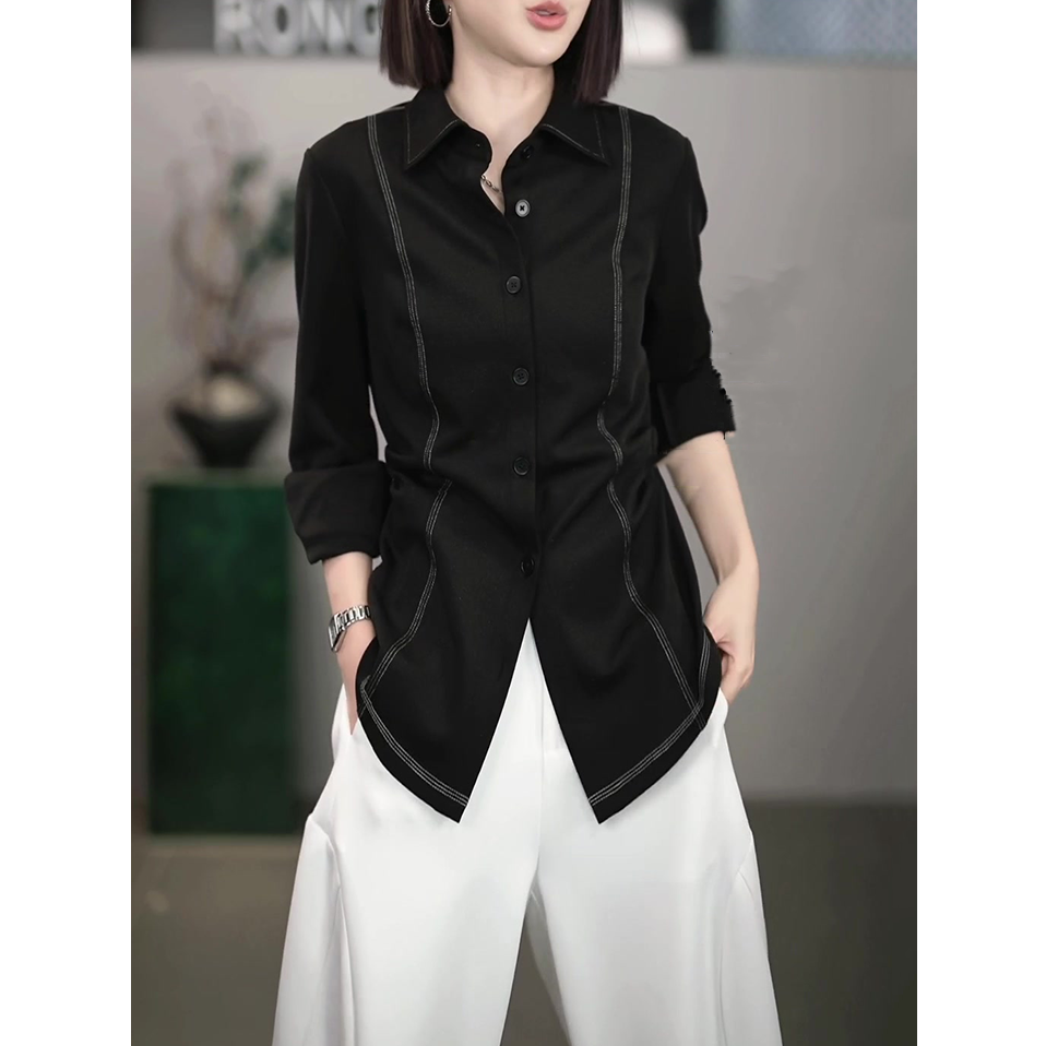 高级感时尚长袖衬衫女2025春秋新款韩版洋气修身显瘦百搭黑色衬衣