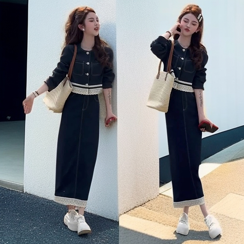 小香风洋气短款拼接上衣蕾丝套装女春季新款气质韩版百搭洋气套装