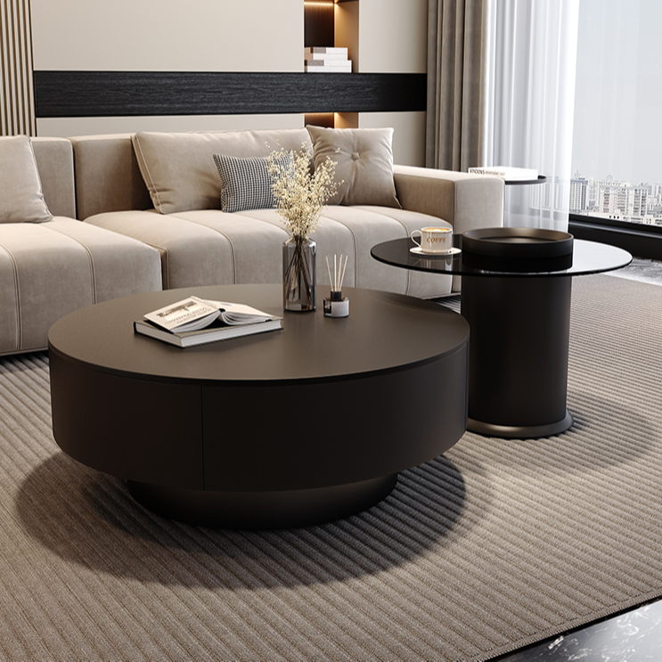 【送溜凳】黑色岩板圆形茶几轻奢现代简约茶几现代简约轻奢高端大气