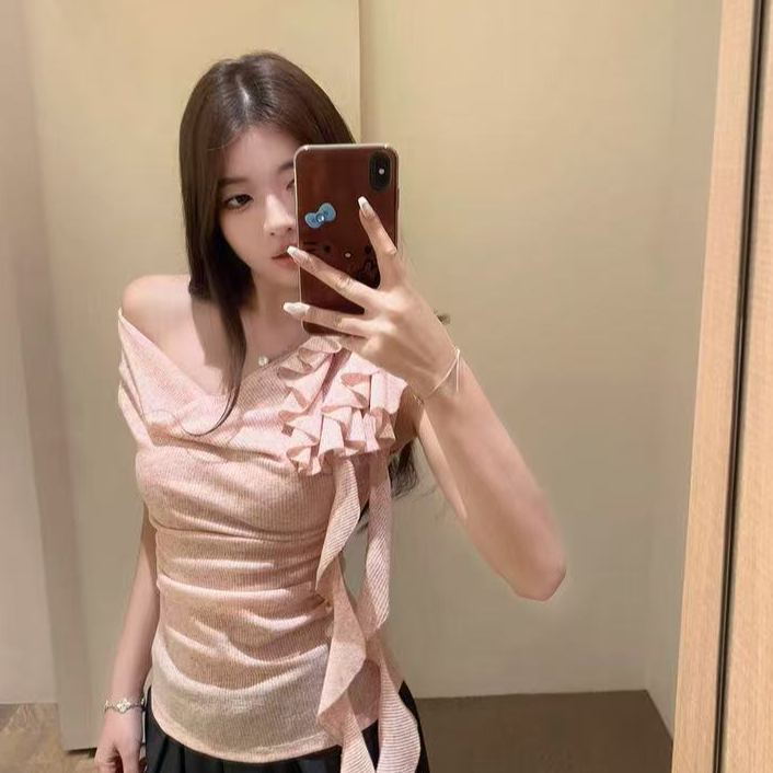 【恩恩❤️专属】粉莓杏茶荡领飘带花朵斜肩短袖T恤女夏收腰褶皱