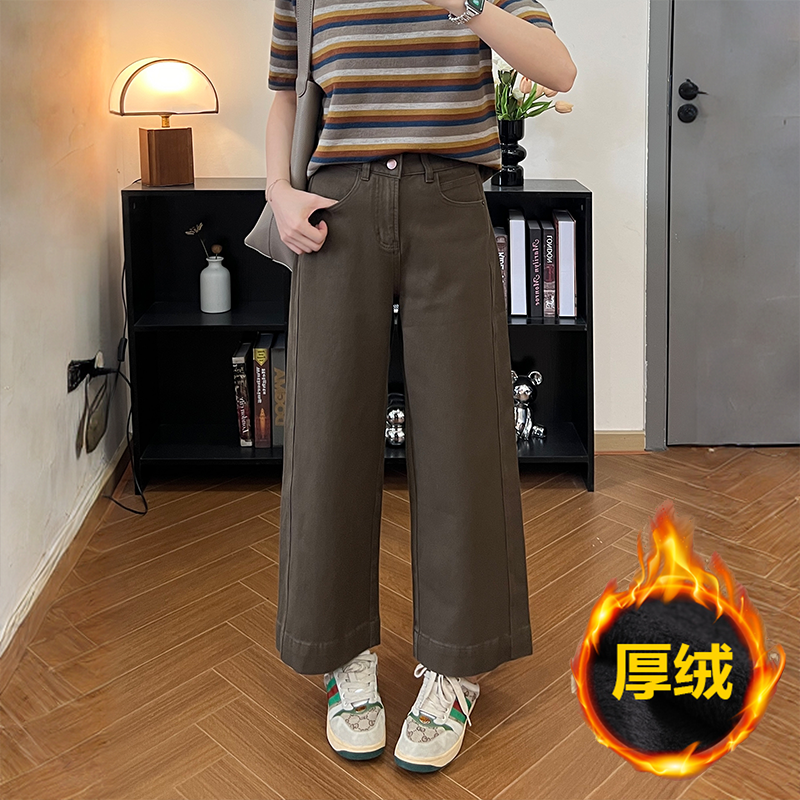 琥珀流光风复古咖色直筒牛仔裤女秋冬大码胖mm宽松显瘦九分奶奶裤