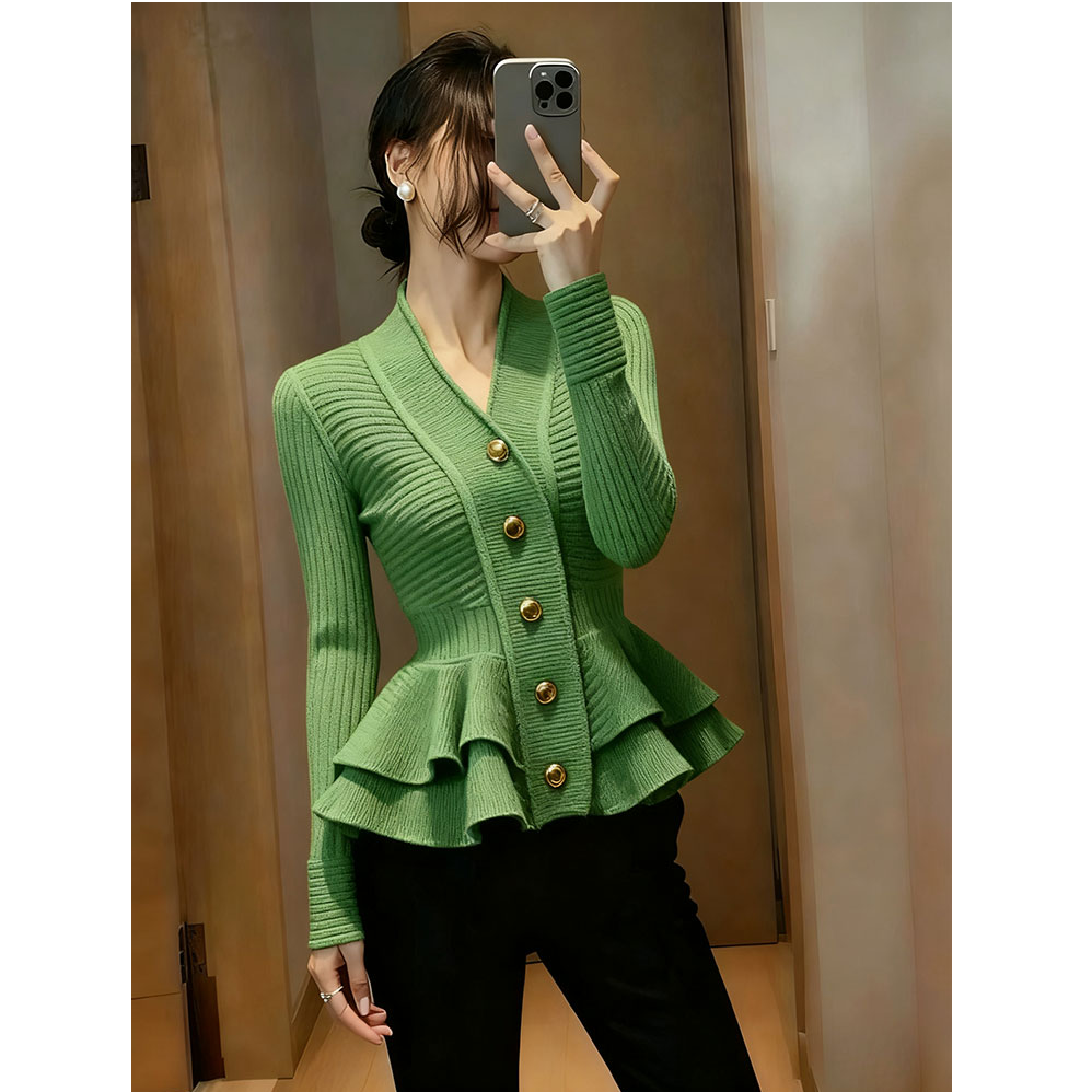 早秋超好看单穿上衣小众设计感高端气质独特漂亮荷叶边绿色针织衫