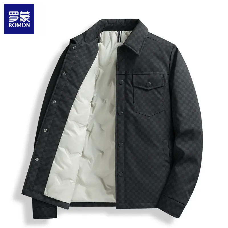 罗蒙秋冬季新款轻薄羽绒服修身棋盘格夹克外套翻领休闲商务保暖潮