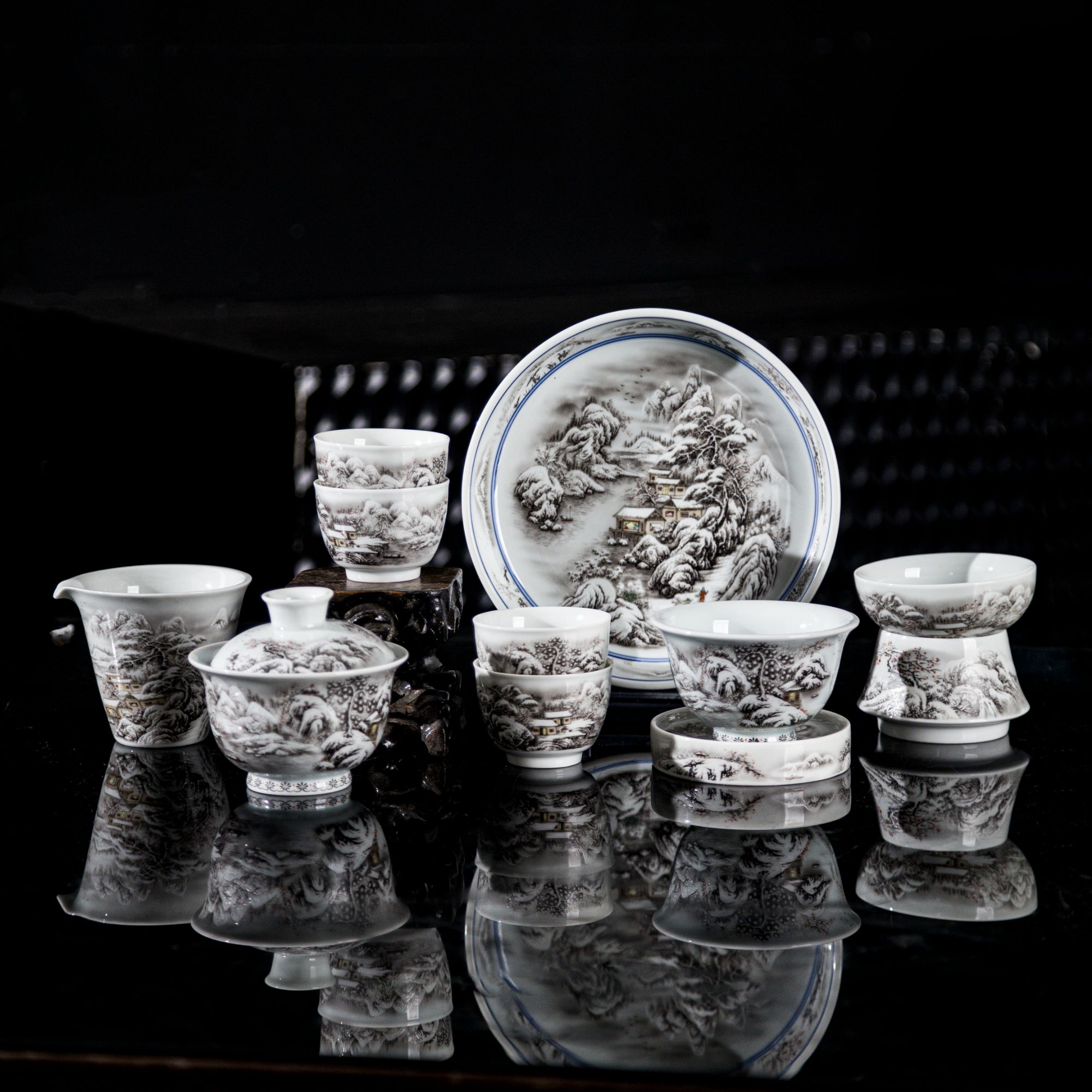 景德镇墨彩点工踏雪寻梅雪景十件套盖碗壶承花纹套装中式套组