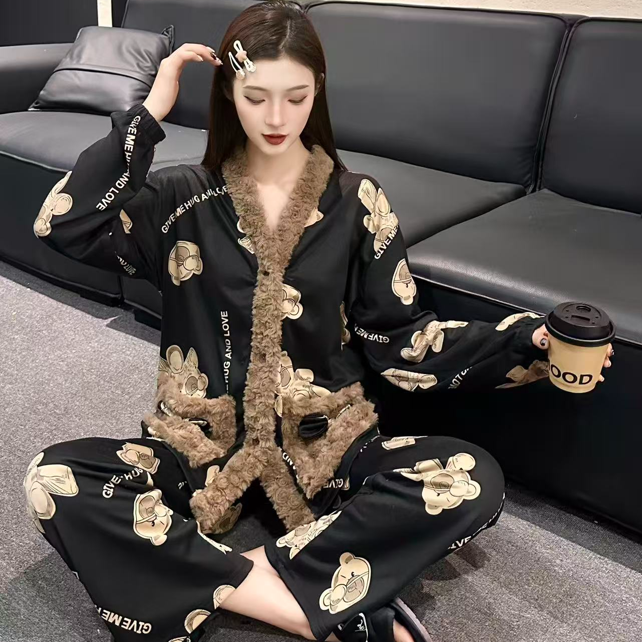 【李北北】秋冬睡衣套装双面绒小熊豹纹轻奢家居服1206