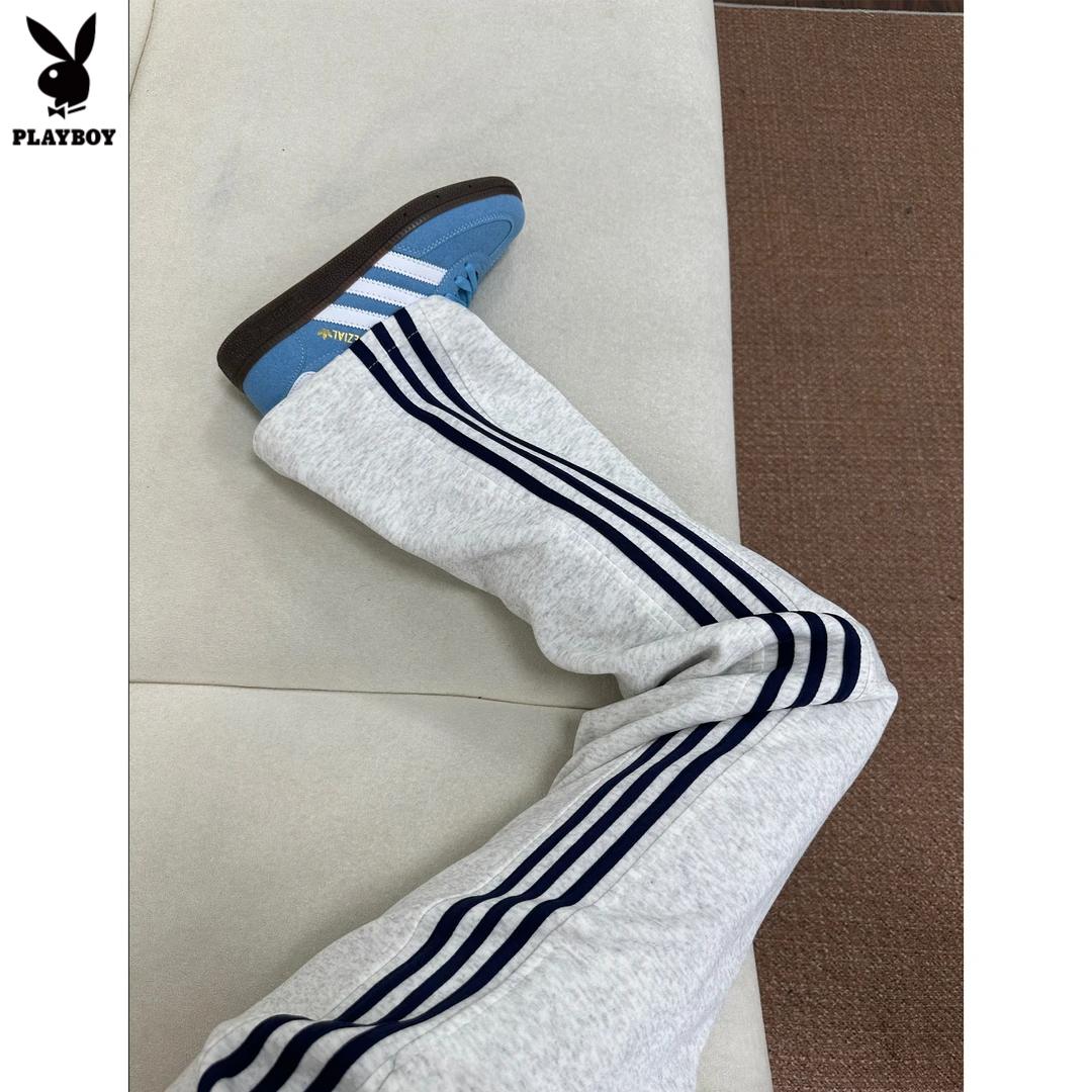 花花公子白花灰色三条杠裤子男夏季宽松直筒运动重磅条纹休闲长裤