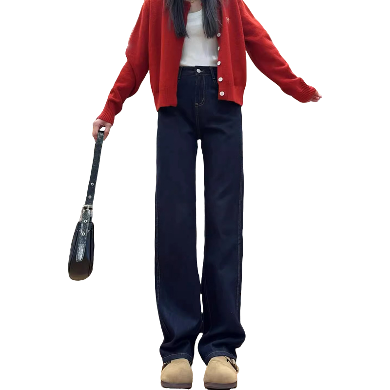 丹宁深蓝色窄版阔腿牛仔裤女2025春秋新款小个子九分直筒拖地裤子