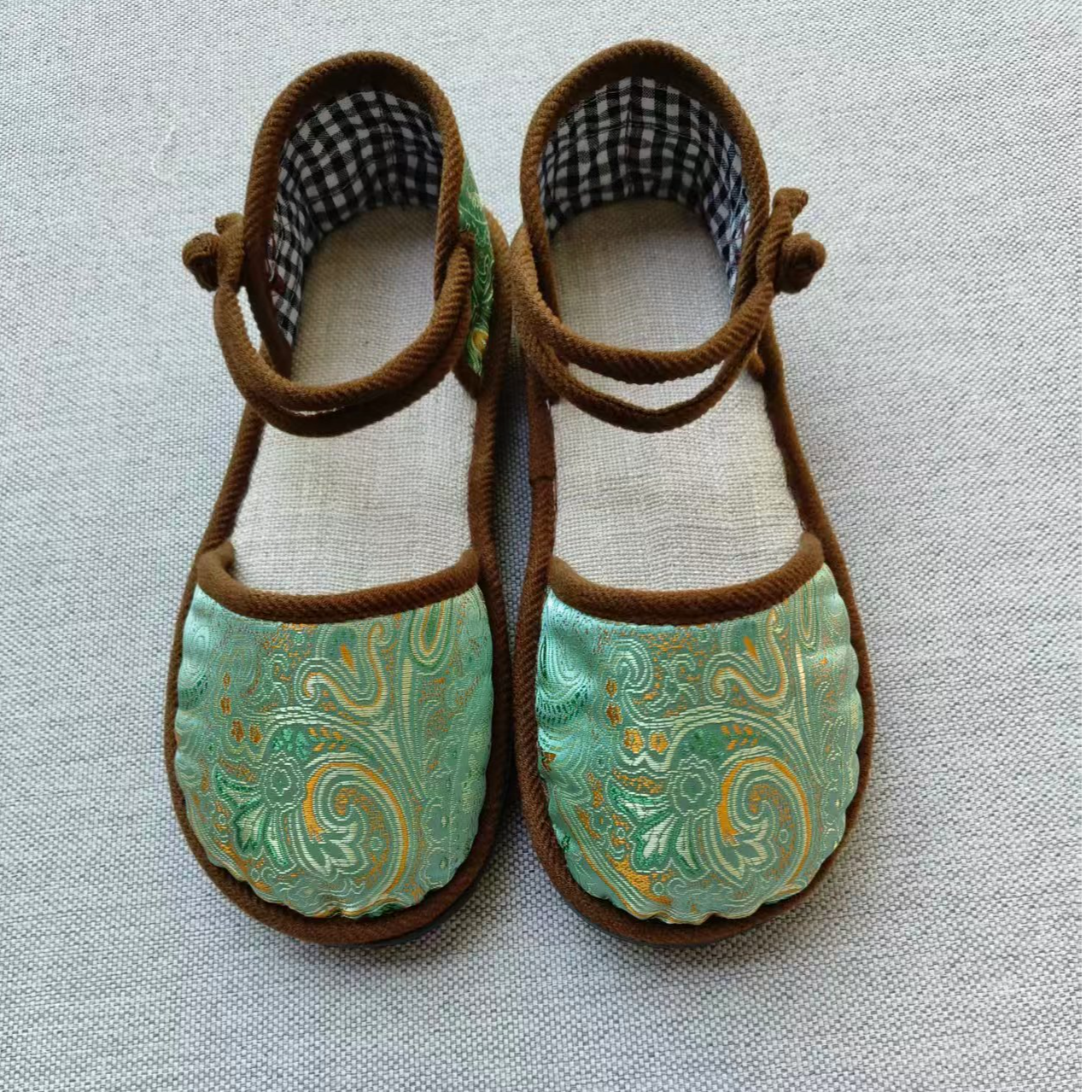 【稀有浅蓝绿凤冠花】织锦缎面料 复古中式女布鞋 民族风搭扣单鞋