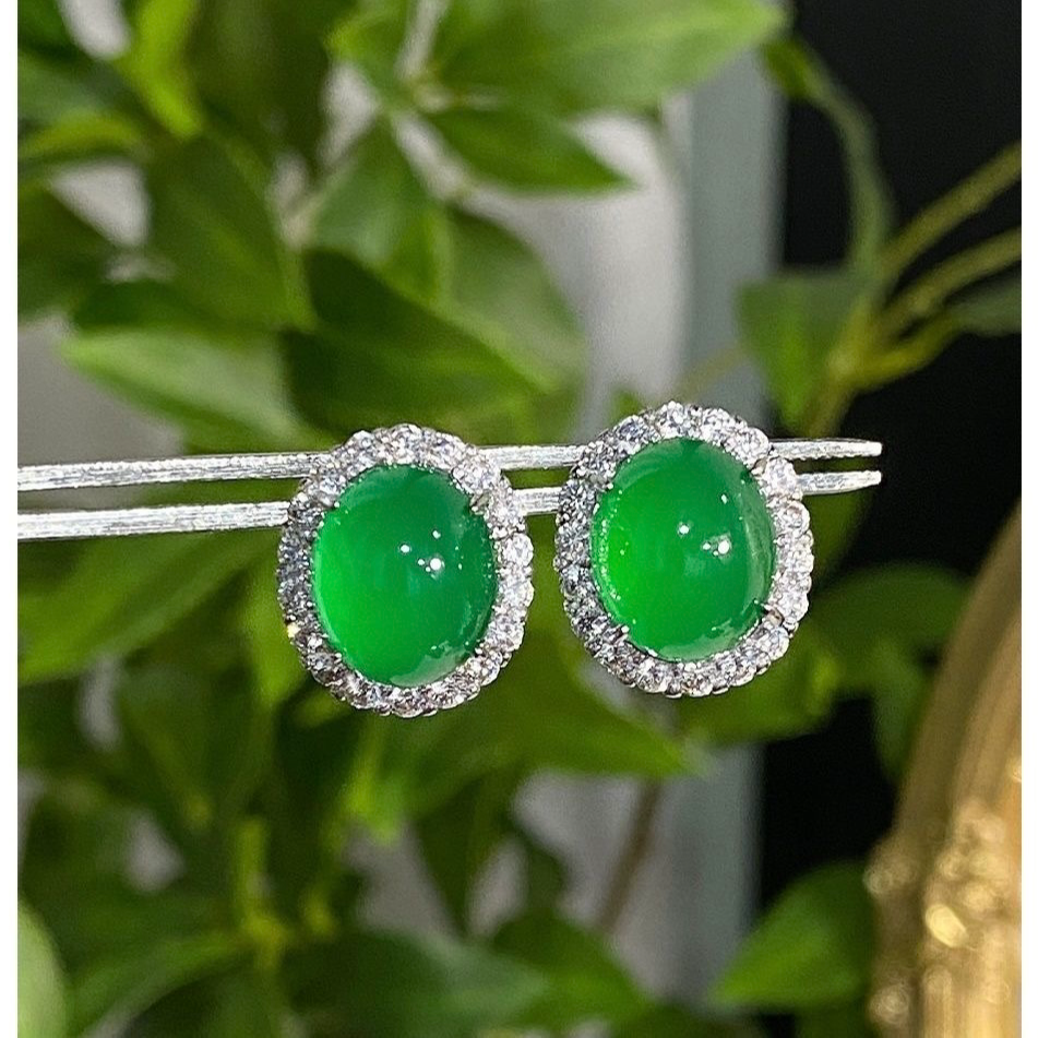 轻奢高级气质百搭国风玛瑙绿玉髓耳钉椭圆蛋面时尚绿色耳环高级感
