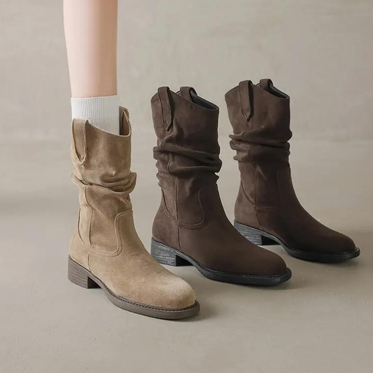 潮牌美拉德中筒短靴子女2025新款秋西部牛仔堆堆靴厚底马丁靴单靴