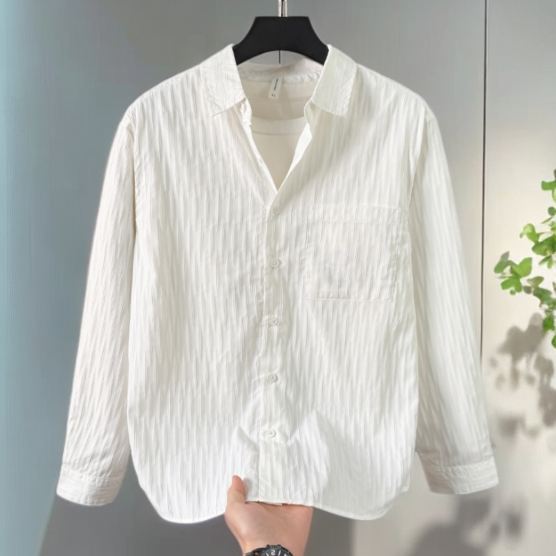 专柜高级轻奢气质竖纹肌理打底长袖衬衫薄款痞帅男士休闲上衣男装