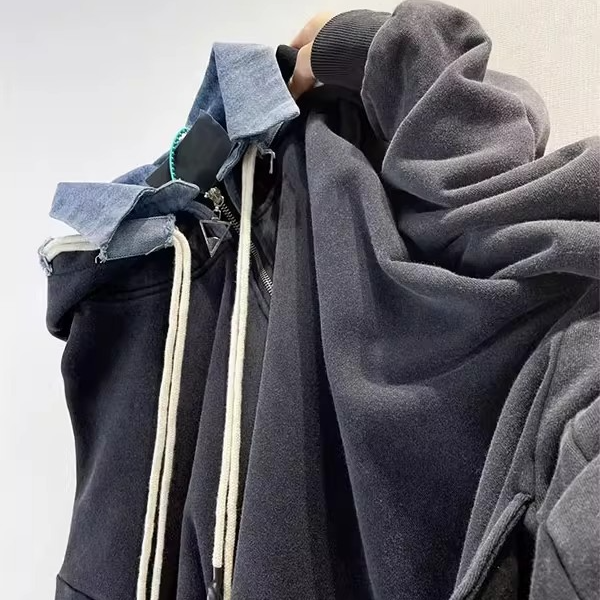 大码300斤美式复古水洗polo领连帽卫衣男女2025款加绒情侣外套潮