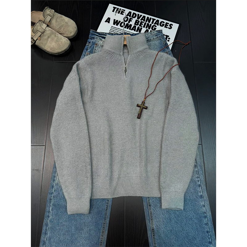 高级感半拉链立领毛衣针织衫宽松慵懒松弛感纯色外套美式休闲男款