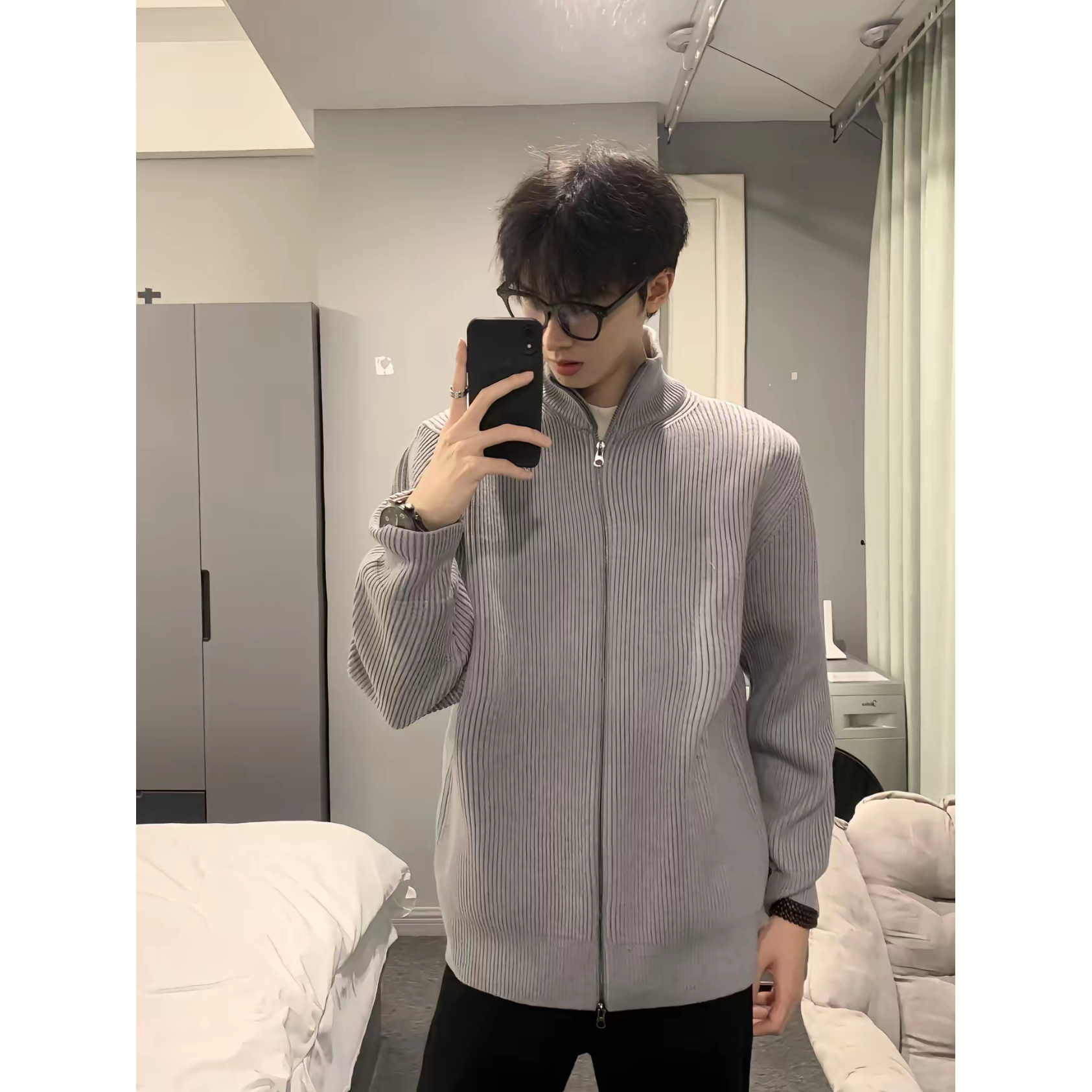 cleanfit灰色针织开衫男秋冬美式拉链毛衣痞帅慵懒高级感立领外套