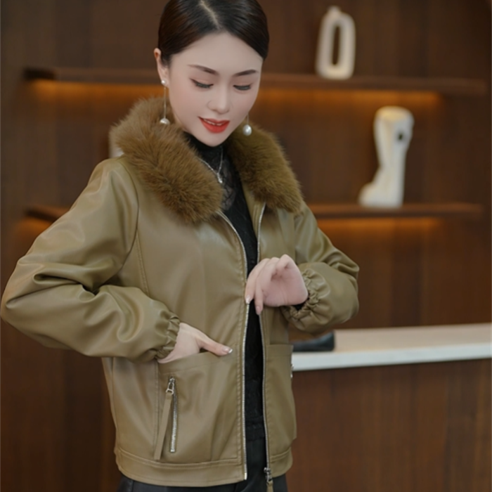 冬季保暖加绒加厚皮衣外套女新款短款洋气可拆卸毛领皮夹克宽松