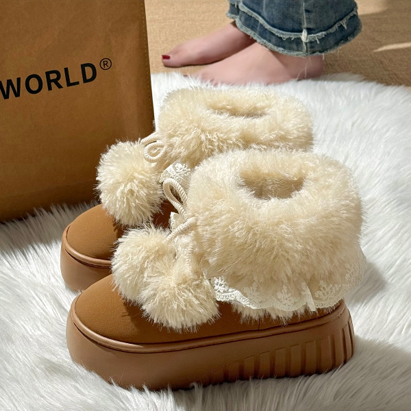 猫力毛茸茸高帮雪地靴女款厚底外穿冬季防滑加绒防寒棉拖鞋女士