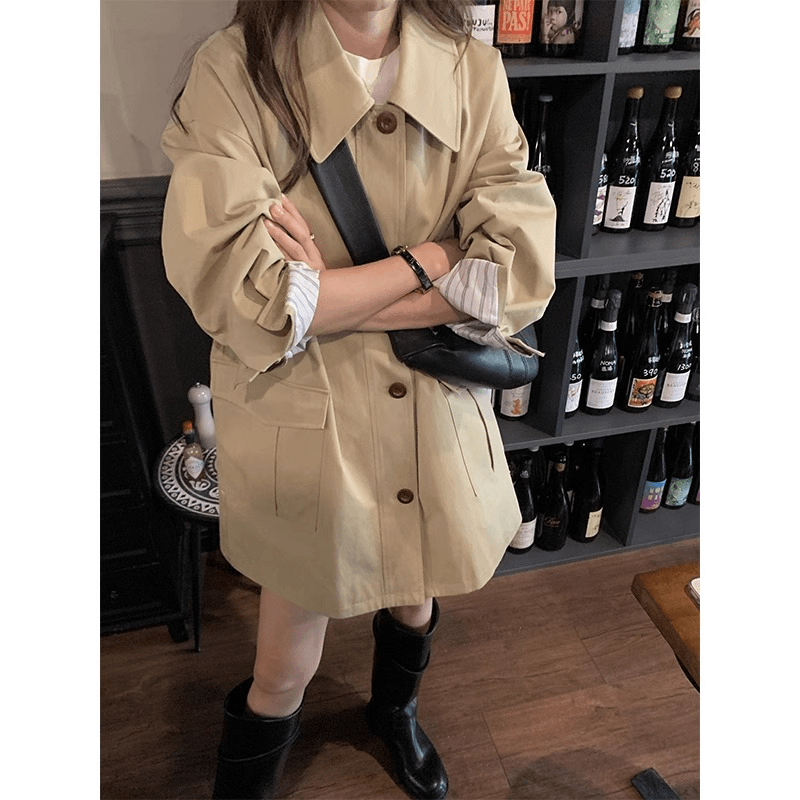 2025春新款撞色条纹小个子风衣外套女宽松显瘦百搭英伦风大衣