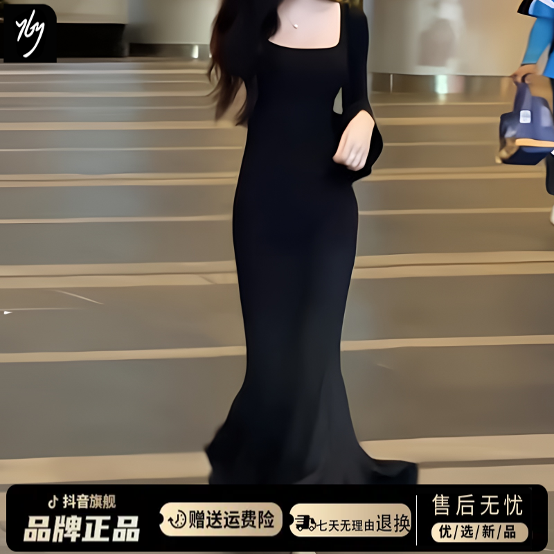 赫本风法式黑色长袖连衣裙子女秋冬季2025新款高级感包臀鱼尾长裙