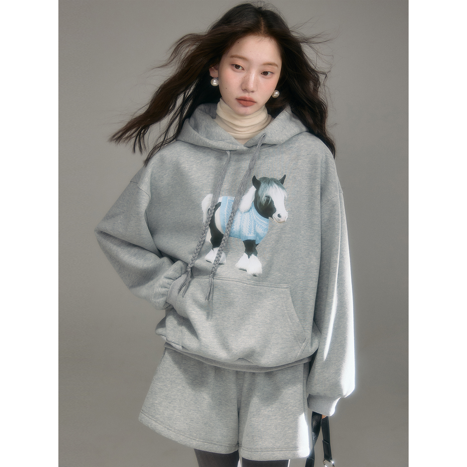 有耳uare pony club 小矮马印花加绒连帽卫衣短裤套装S86N16803