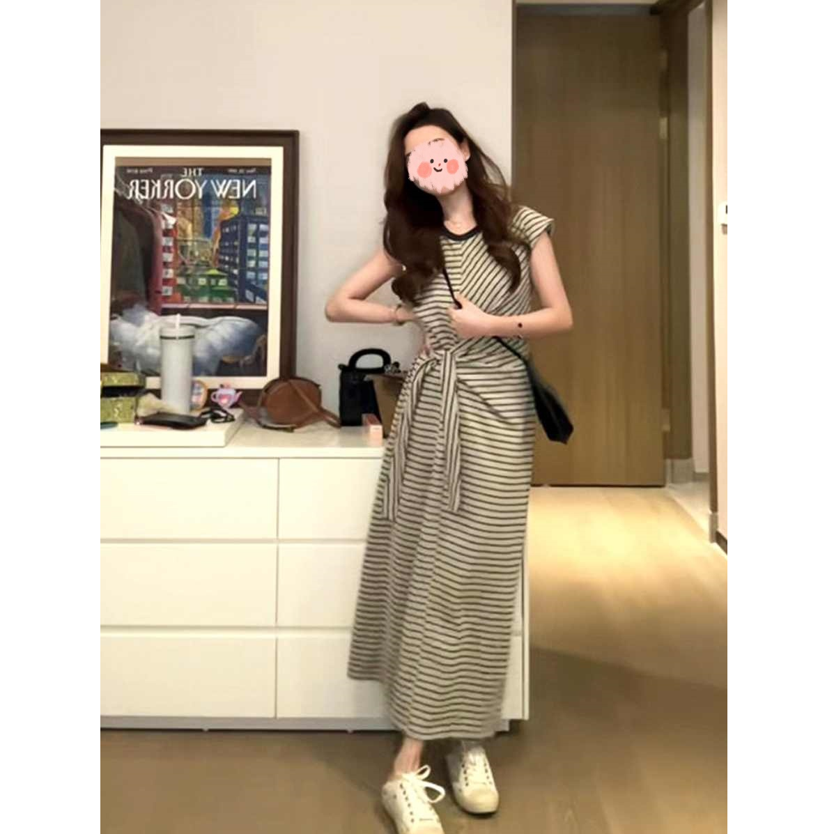 撞色条纹气质t恤连衣裙女2024夏季新款收腰绑带飞飞袖直筒长裙子