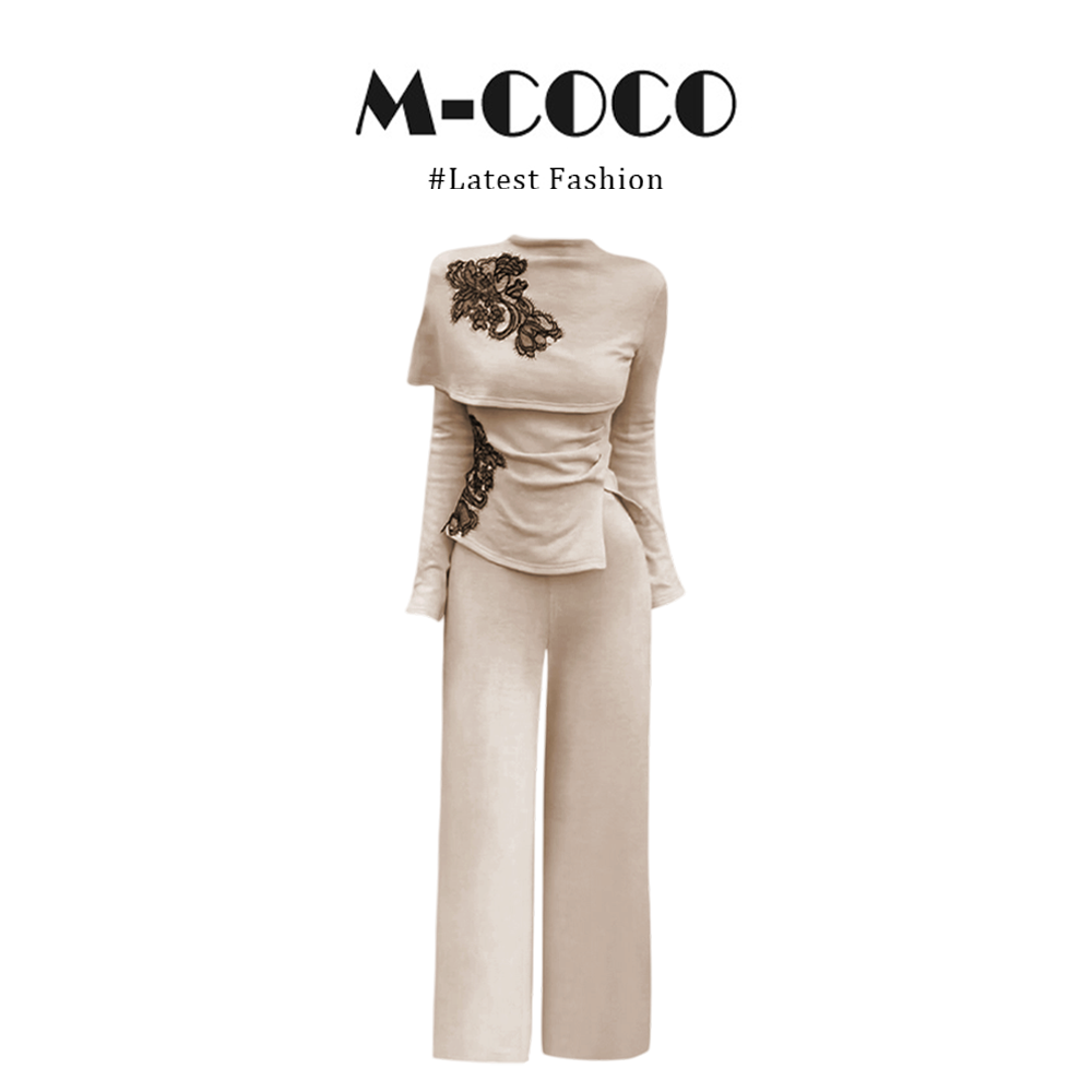 新中式不规则蕾丝刺绣长袖T恤上衣时尚休闲裤秋季套装