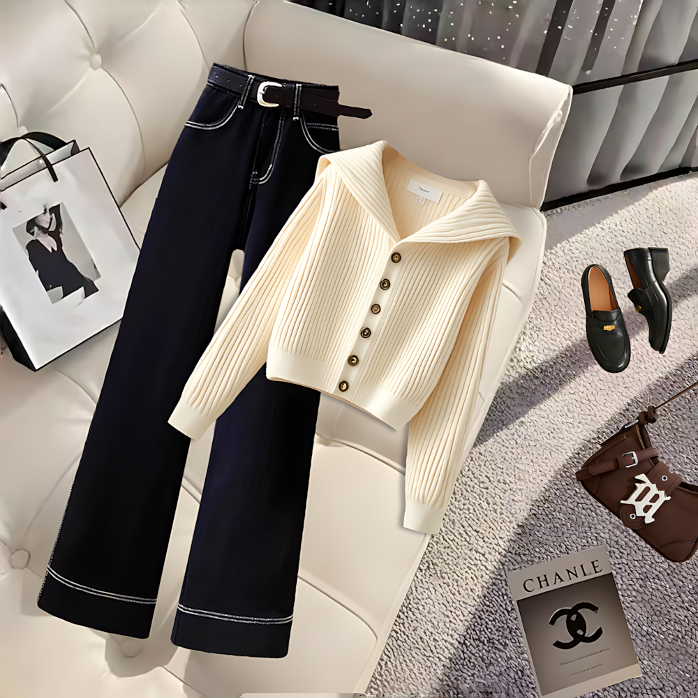 2025穿搭一整套小香风针织毛衣女新款设计感减龄高腰直筒裤两件套