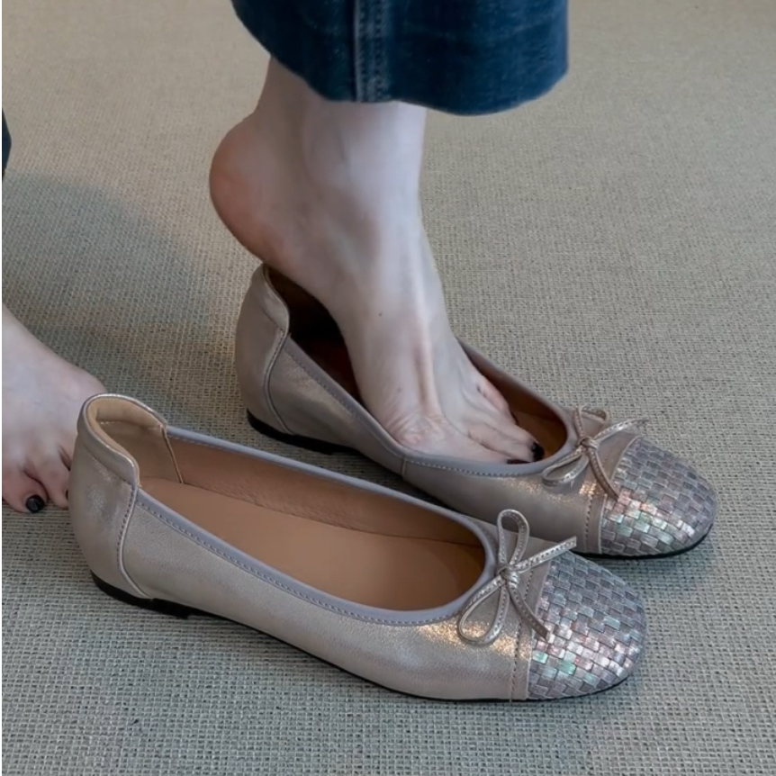 羊皮版~法式单鞋2025新款时尚百搭平底蝴蝶结奶奶鞋浅口玛丽珍鞋